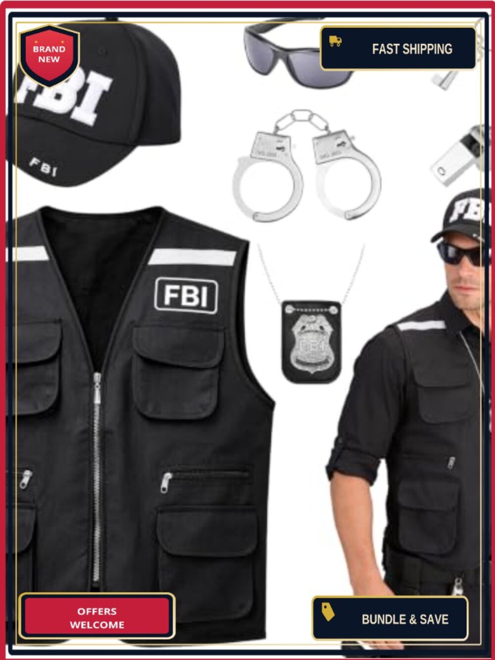 FBI Agent Costume Set Vest Cap Sunglasses Badge Handcuffs Whistle Halloween